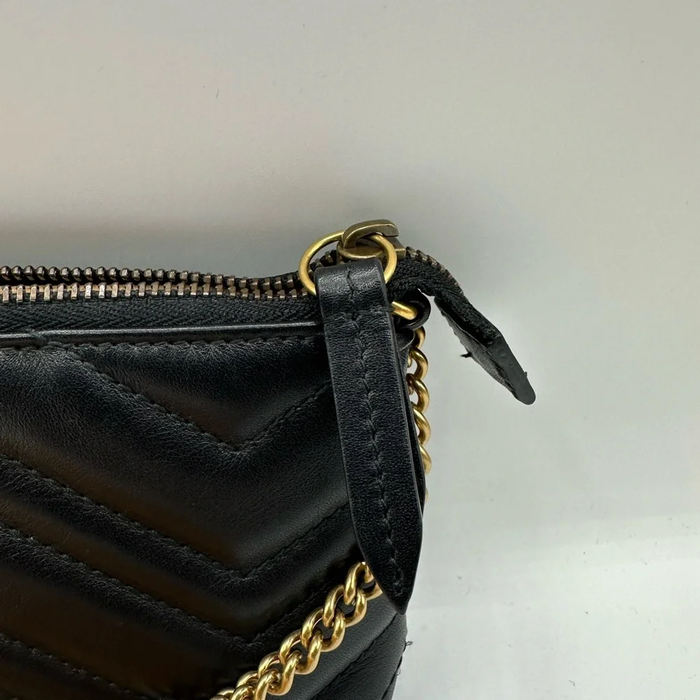 Gucci GG Marmont Matelassé Chain Wristlet Pouch Black Leather Authenticated
